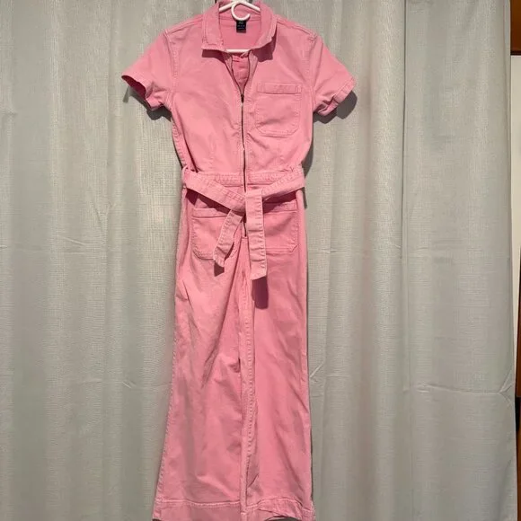 GAP Kids Pink Denim Belted Jumpsuit Romper Size 14 Girl - Picture 3 of 9